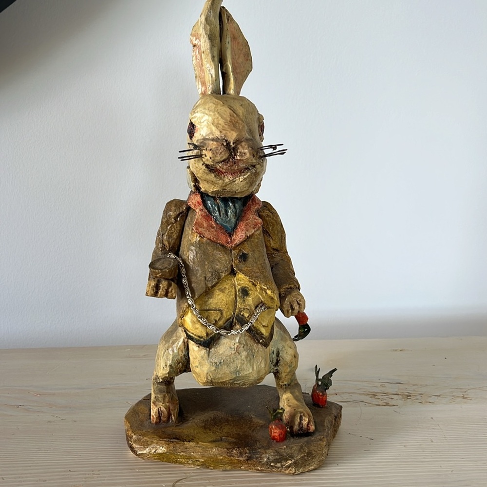 Vintage 2004 handmade White Rabbit Alice in Wonderland wooden figurine folk art - Picture 4 of 13